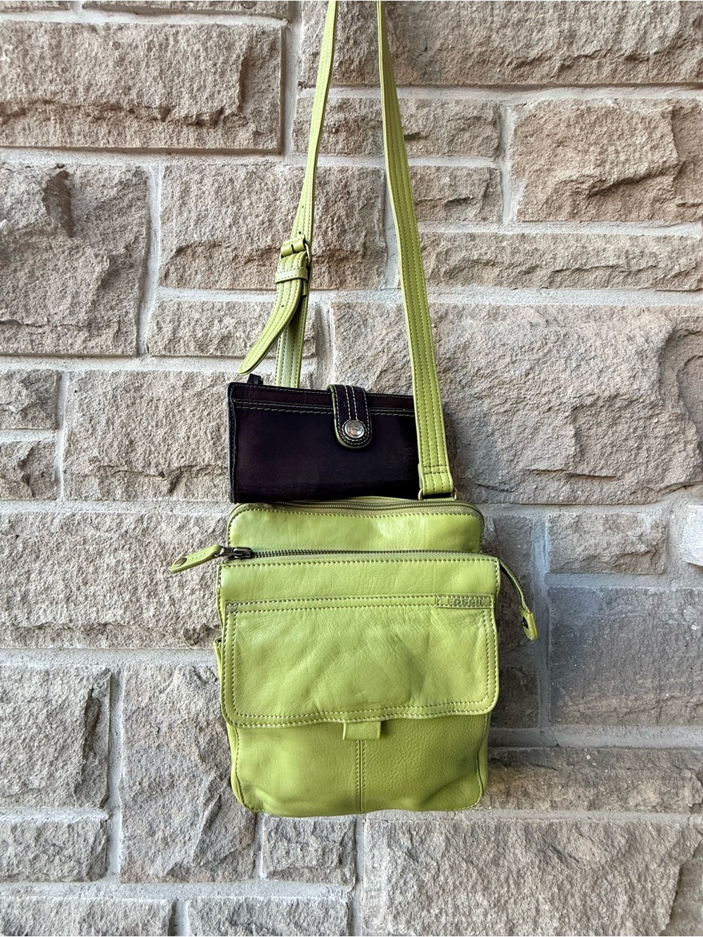 Fossil Vintage/Y2K Lime Genuine Leather Crossbody & Brown/Green Wallet Set